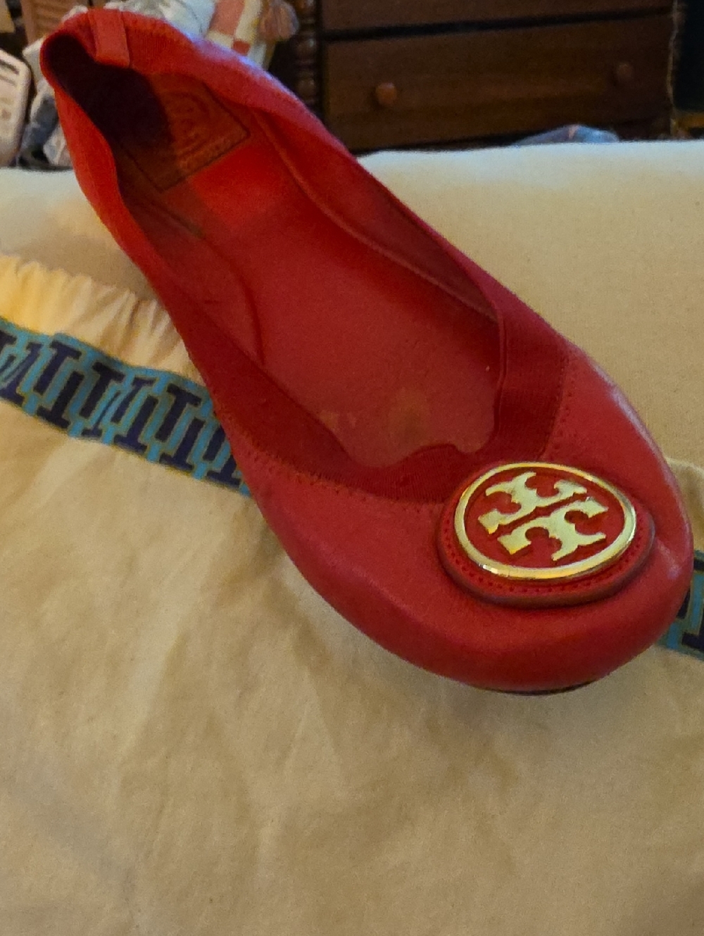 Tory Burch Red Leather Logo Ballet Flat